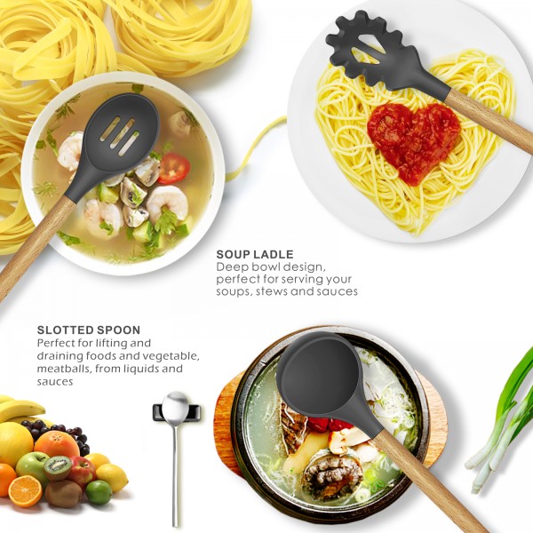 14 Pcs Silicone Cooking Utensils Kitchen Utensil Set - 446°F Heat Resistant,Turner Tongs, Spatula, Spoon, Brush, Whisk, Wooden Handle Gray Kitchen Gadgets with Holder for Nonstick Cookware (BPA Free)