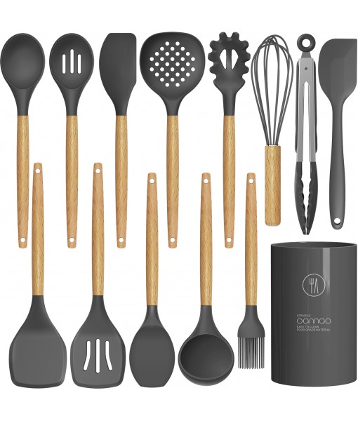 14 Pcs Silicone Cooking Utensils Kitchen Utensil Set - 446°F Heat Resistant,Turner Tongs, Spatula, Spoon, Brush, Whisk, Wooden Handle Gray Kitchen Gadgets with Holder for Nonstick Cookware (BPA Free)
