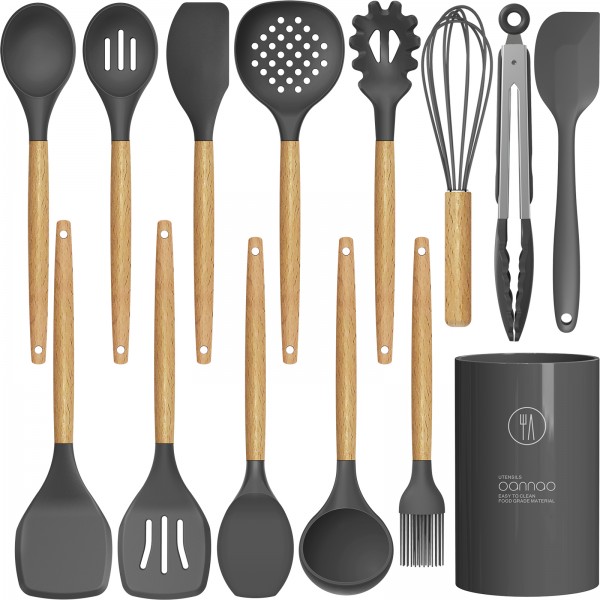 14 Pcs Silicone Cooking Utensils Kitchen Utensil Set - 446°F Heat Resistant,Turner Tongs, Spatula, Spoon, Brush, Whisk, Wooden Handle Gray Kitchen Gadgets with Holder for Nonstick Cookware (BPA Free)