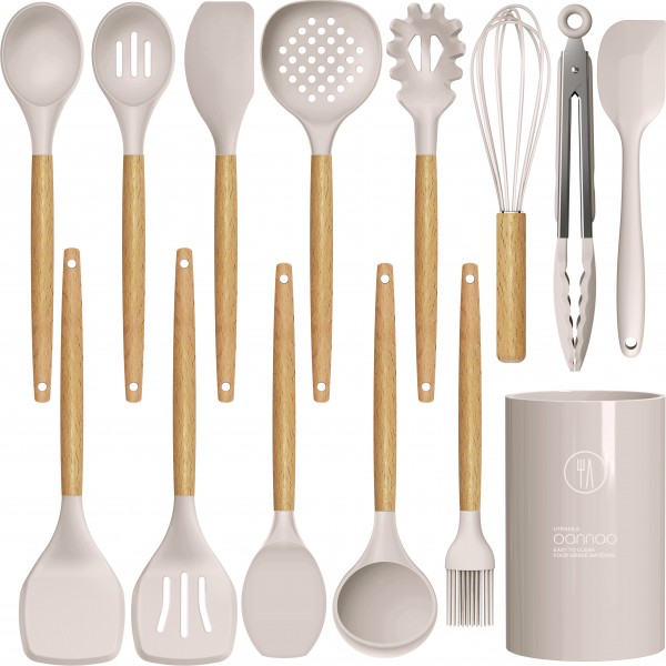 Silicone Cooking Utensils Set - 446°F Heat Resistant Silicone Kitchen Utensils for Cooking,Kitchen Utensil Spatula Set w Wooden Handles and Holder, BPA FREE Gadgets for Non-Stick Cookware (Khaki)