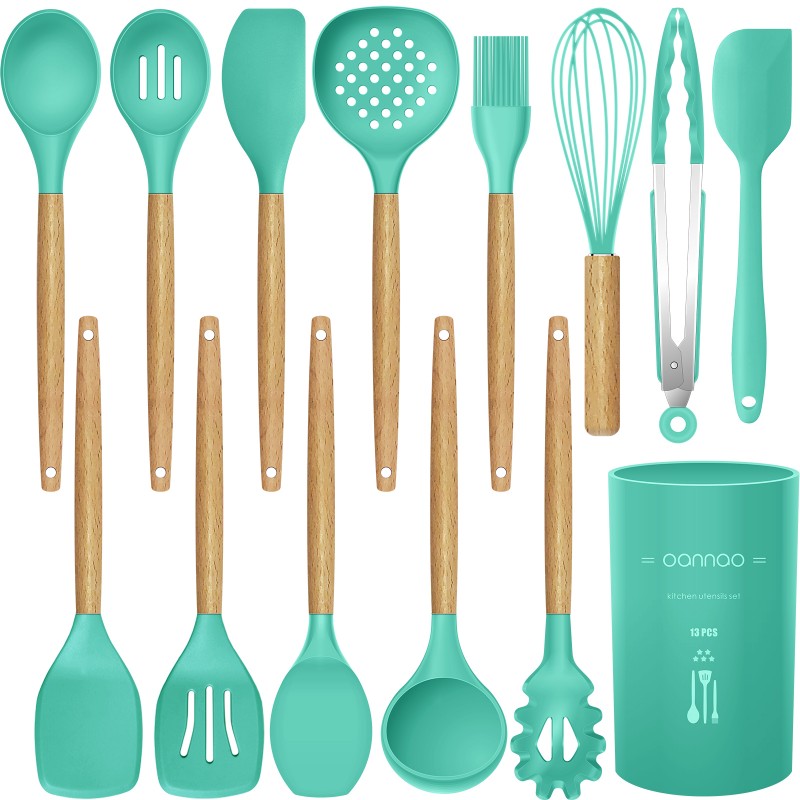 Ice Green BPA Free,Wooden Handle Spatula Spoon Tongs Turner Whisk Brush FanArti Kitchen Utensil Set Best Kitchen Gadgets Baking Tool Chef Gifts 9 Silicone Cooking Utensils for Non-stick Cookware 