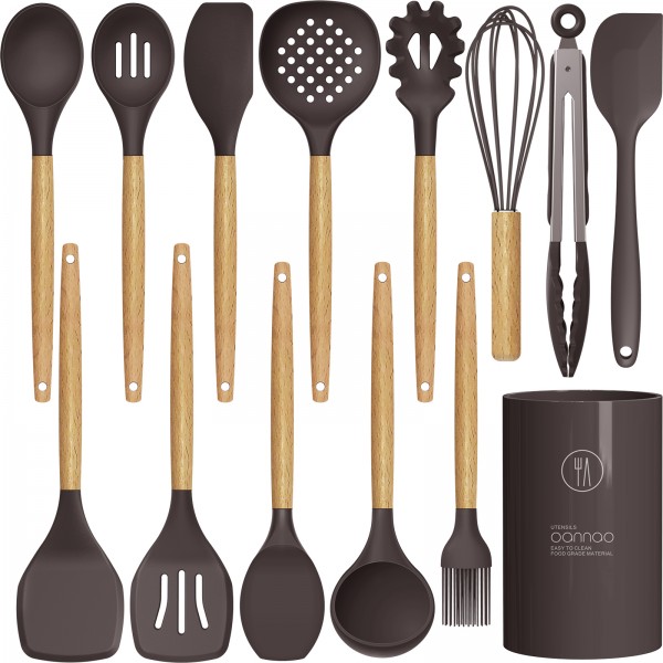 Silicone Cooking Utensils Set - 446°F Heat Resistant Silicone Kitchen Utensils for Cooking,Kitchen Utensil Spatula Set w Wooden Handles and Holder for Non-Stick Cookware, BPA FREE (Coffee)