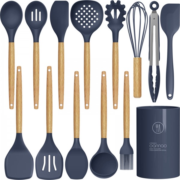 Silicone Cooking Utensils Set - 446°F Heat Resistant Silicone Kitchen Utensils for Cooking,Kitchen Utensil Spatula Set w Wooden Handles and Holder, BPA FREE Gadgets for Non-Stick Cookware (Blue)