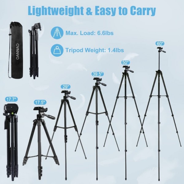 60'' Camera Tripod Camera Stand for Canon Rebel Eos Nikon DSLR, Travel Tripods for Phone Tablet with Remote