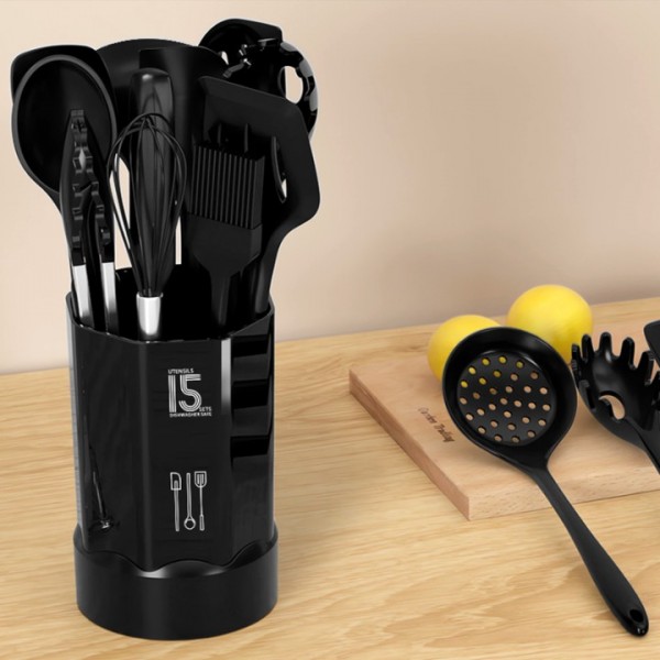 Black Silicone Cooking Utensils Set - 446°F Heat Resistant Kitchen Utensils,Turner Tongs,Spatula,Spoon,Brush,Whisk,Kitchen Utensil Gadgets Tools Set for Nonstick Cookware,Dishwasher Safe (BPA Free)