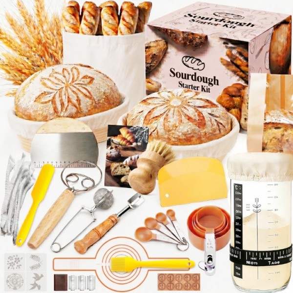 oannao Sourdough Starter Kit 21 Pcs Complete Bread Proofing Basket Set with Round and Oval Banneton Baskets Sourdough Jar Silicone Bread Sling and Baking Supplies Tools for Beginners