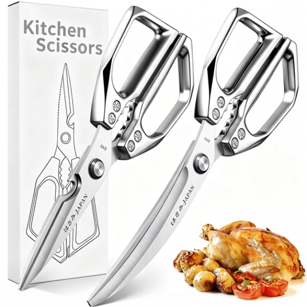 Kitchen Scissors Set Silver - Stainless Steel Kitchen Shear, Sharp Meat Scissors Dishwasher Safe, Heavy Duty Poultry Shears, Japanese Cooking Scissor for Food, Chicken Bones, and Turkey