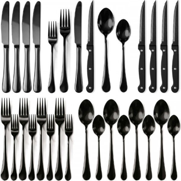 Black Silverware Set with Steak Knives, 24-Piece Flatware Set Service for 4, Thickened Stainless Steel Spoons and Forks Set, Upgraded Rust-Resistant Coating, Dishwasher Safe Cutlery Set for Gifts