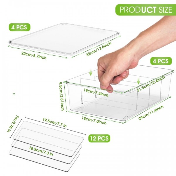 Stackable Clear Refrigerator Organizer Bins with Lids - Large Plastic Food Storage Bins w Dividers, Acrylic Pantry Organization and Storage for Kitchen, Fridge, Freezer, Cabinet, Snack, Packets, Sauce