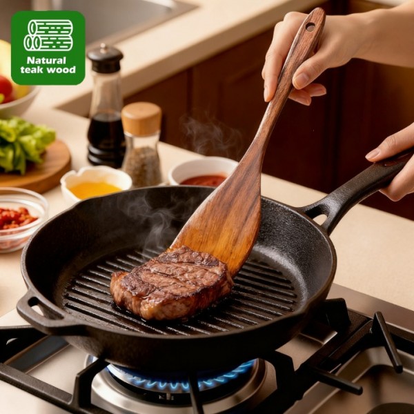 5-Piece Wooden Cooking Utensils Set – Natural Teak Kitchen Tools for Nonstick Cookware, Heat-Resistant Wood Spatula, Turner, Skimmer, Salad Fork, and Soup Ladle