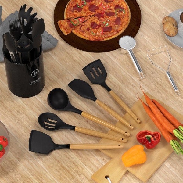 35 Silicone Cooking Utensils Set - 446°F Heat Resistant Silicone Kitchen Utensils for Cooking, Kitchen Utensil Spatula Set w Wooden Handles and Holder, BPA FREE Gadgets for Non-Stick Cookware (Black)