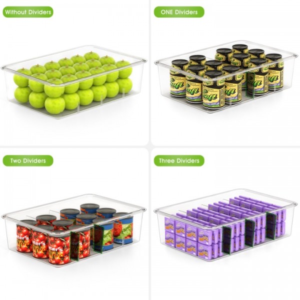 Stackable Clear Refrigerator Organizer Bins with Lids - Large Plastic Food Storage Bins w Dividers, Acrylic Pantry Organization and Storage for Kitchen, Fridge, Freezer, Cabinet, Snack, Packets, Sauce