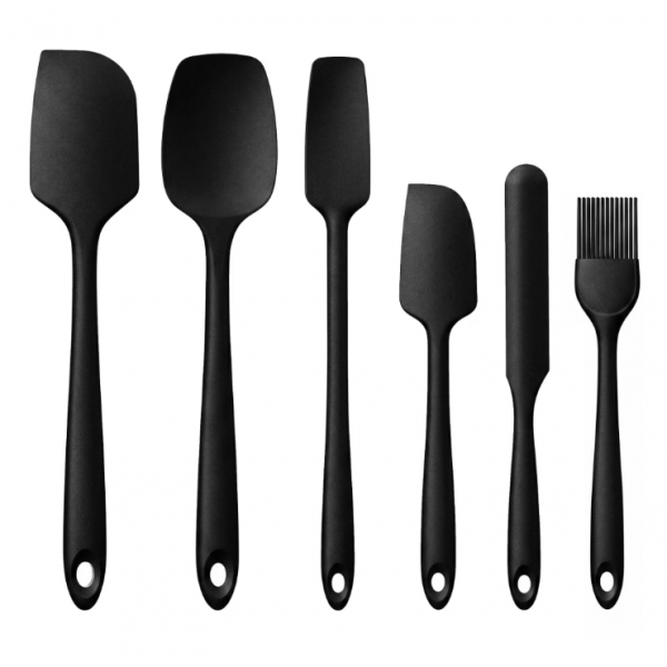 Silicone Spatula Set, 6 Pieces Food Grade Kitchen Utensils with Silicone Brush Heat Resistant BPA-free Rubber Spatula for Scraping, Baking, Cooking, Mixing Dishwasher Safe(Black)