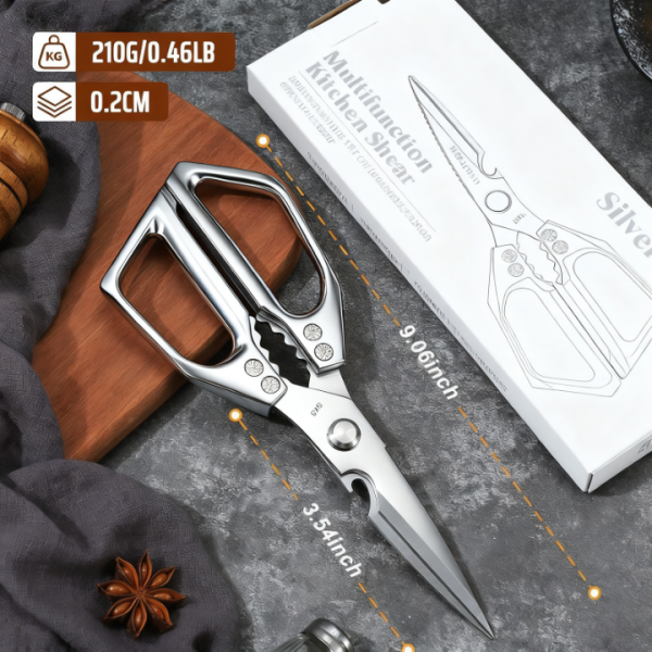 All-Purpose Kitchen Scissors – Heavy Duty Stainless Steel Shears for Meat, Chicken, Turkey, Bones, Herbs – Sharp, Dishwasher Safe, Detachable Cooking Scissors (Silver)