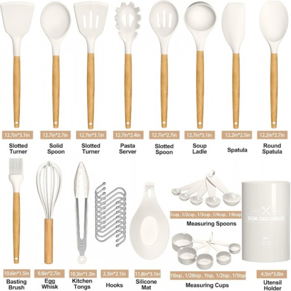 Kitchen Cooking Utensils Set, 33 pcs Non-stick Silicone Cooking Kitchen Utensils Spatula Set with Holder, Wooden Handle Silicone Kitchen Gadgets Utensil Set (Cream White)