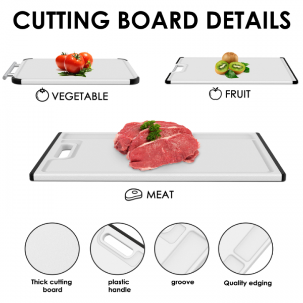 Cutting Boards for Kitchen with Stand – 3-Piece Plastic Cutting Board Set, Double-Sided Use, Large for Chopping Meat, Medium & Small for Vegetables, Fruits, Juice Grooves, Non-Slip Handles, BPA-FREE