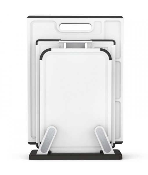 Cutting Boards for Kitchen with Stand – 3-Piece Plastic Cutting Board Set, Double-Sided Use, Large for Chopping Meat, Medium & Small for Vegetables, Fruits, Juice Grooves, Non-Slip Handles, BPA-FREE