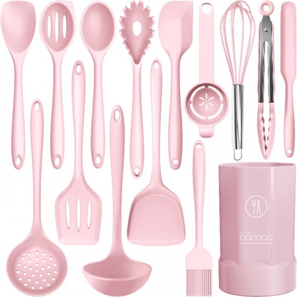 Silicone Cooking Utensils Set - Heat Resistant Kitchen Utensils BPA FREE,Turner Tongs,Spatula,Spoon,Brush,Whisk,Kitchen Utensil Gadgets Tools Set for Nonstick Cookware,Dishwasher Safe (Pink)