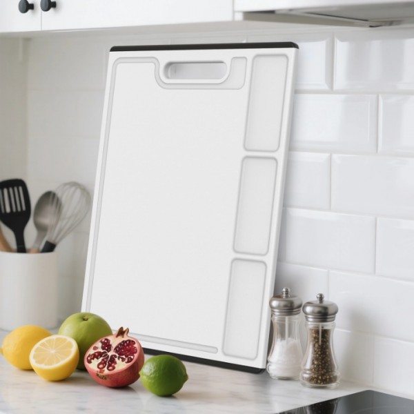Cutting Boards for Kitchen with Stand – 3-Piece Plastic Cutting Board Set, Double-Sided Use, Large for Chopping Meat, Medium & Small for Vegetables, Fruits, Juice Grooves, Non-Slip Handles, BPA-FREE
