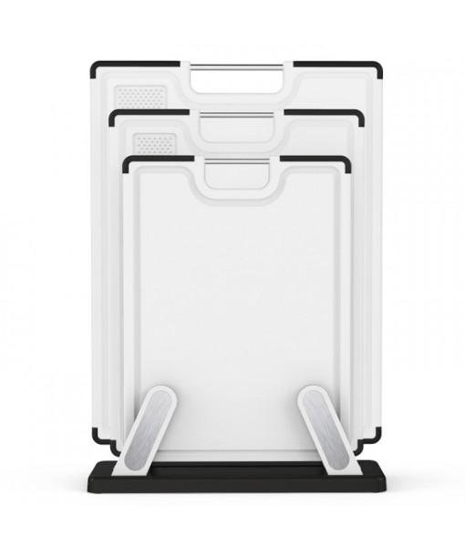 Cutting Boards for Kitchen with Stand – 3-Piece Double-Sided Plastic Cutting Board Set, Large for Chopping Meat, Medium & Small for Vegetables, Fruits, Juice Grooves, Non-Slip Handles, BPA-FREE