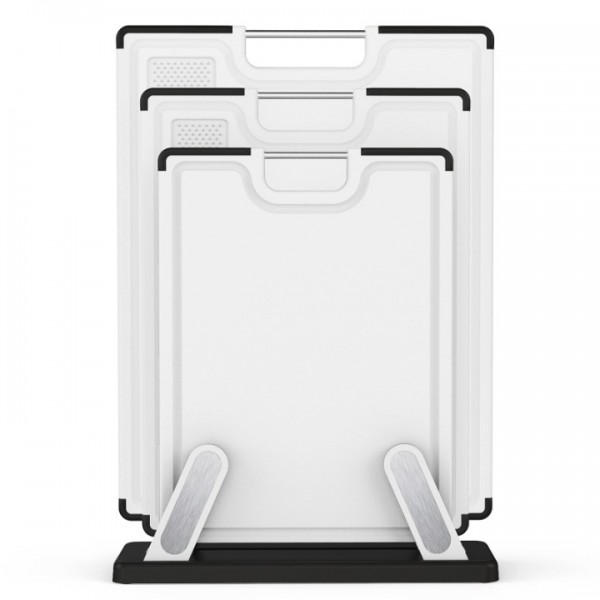 Cutting Boards for Kitchen with Stand – 3-Piece Double-Sided Plastic Cutting Board Set, Large for Chopping Meat, Medium & Small for Vegetables, Fruits, Juice Grooves, Non-Slip Handles, BPA-FREE