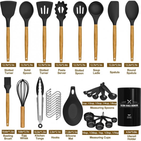 Kitchen Cooking Utensils Set, 33 pcs Non-stick Silicone Cooking Kitchen Utensils Spatula Set with Holder, Wooden Handle Silicone Kitchen Gadgets Utensil Set (Black)