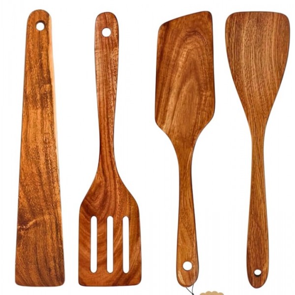 5-Piece Wooden Cooking Utensils Set – Natural Teak Kitchen Tools for Nonstick Cookware, Heat-Resistant Wood Spatula, Turner, Skimmer, Salad Fork, and Soup Ladle