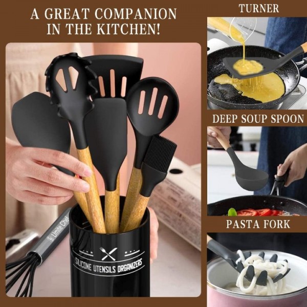 Kitchen Cooking Utensils Set, 33 pcs Non-stick Silicone Cooking Kitchen Utensils Spatula Set with Holder, Wooden Handle Silicone Kitchen Gadgets Utensil Set (Black)