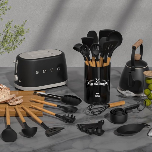 Kitchen Cooking Utensils Set, 33 pcs Non-stick Silicone Cooking Kitchen Utensils Spatula Set with Holder, Wooden Handle Silicone Kitchen Gadgets Utensil Set (Black)