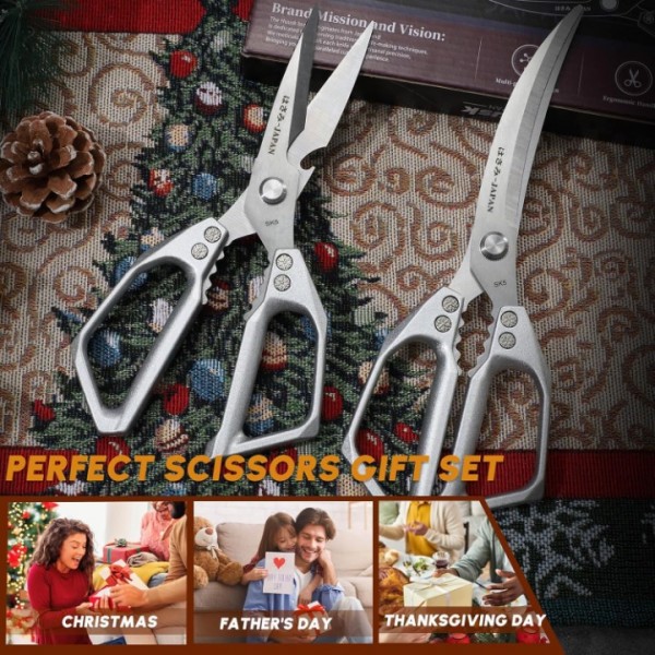 Kitchen Scissors Set Silver - Stainless Steel Kitchen Shear, Sharp Meat Scissors Dishwasher Safe, Heavy Duty Poultry Shears, Japanese Cooking Scissor for Food, Chicken Bones, and Turkey