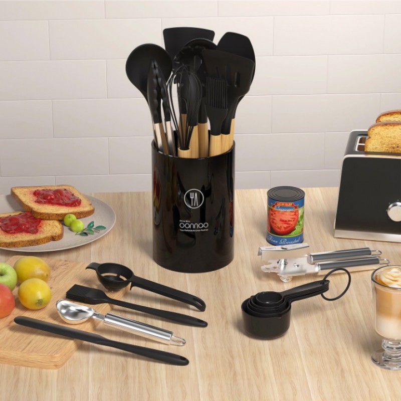 Unokit 38-Piece Kitchen Utensil Set With Wooden Handles - Heat Resistant Silicone Cooking Tools With Holder, Perfect For Non-Stick Cookware