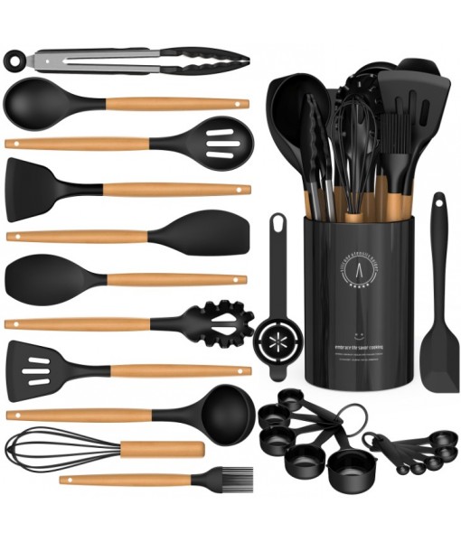 Silicone Cooking Utensils Set - Silicone Kitchen Utensils for Cooking Wooden Handles, 446°F Heat Resistant Kitchen Utensil Spatula Sets w Holder, Gadgets for Non-Stick Cookware BPA FREE (Black)