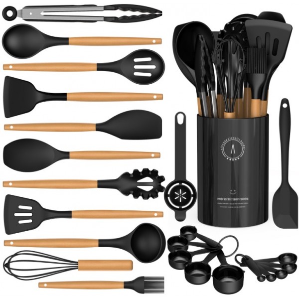 Silicone Cooking Utensils Set - Silicone Kitchen Utensils for Cooking Wooden Handles, 446°F Heat Resistant Kitchen Utensil Spatula Sets w Holder, Gadgets for Non-Stick Cookware BPA FREE (Black)