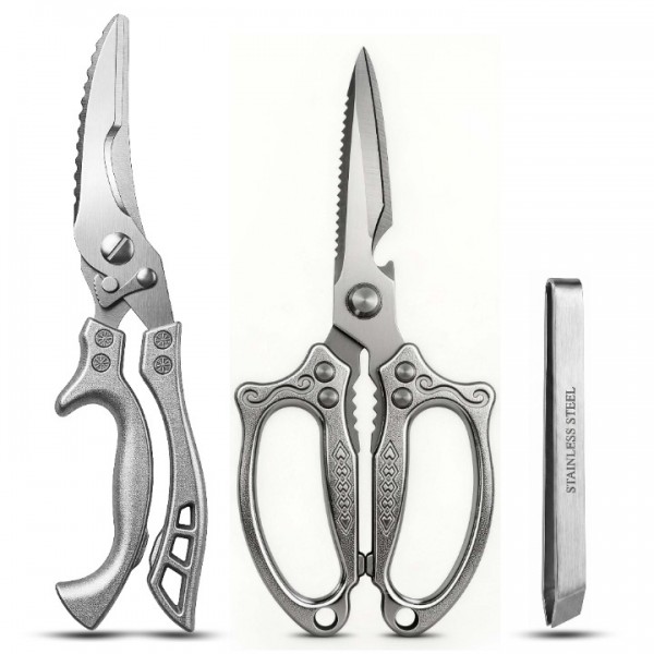 Kitchen Scissors Set Poultry Scissors Heavy Duty with Safety Lock 3.5mm Thickness 3 Piece Kitchen Shears for Cutting Chicken Meat Bone Food Seafood Brushed Stainless Steel Tongs Dishwasher Safe