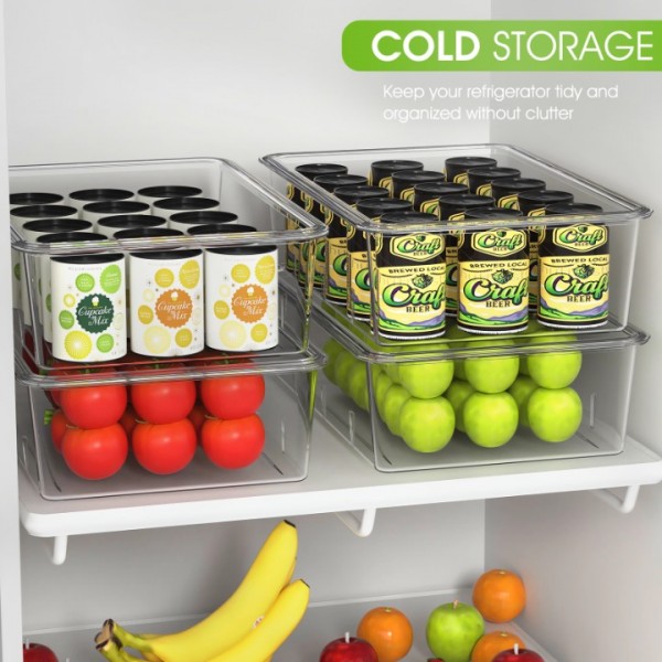 Stackable Clear Refrigerator Organizer Bins with Lids - Large Plastic Food Storage Bins w Dividers, Acrylic Pantry Organization and Storage for Kitchen, Fridge, Freezer, Cabinet, Snack, Packets, Sauce