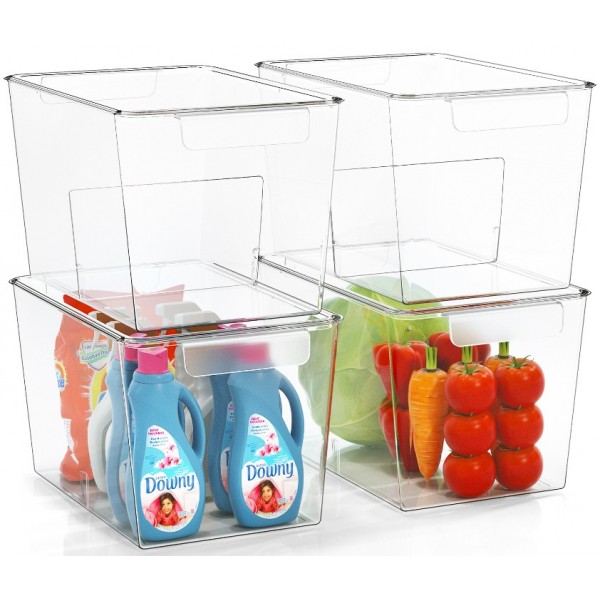 Stackable Clear Storage Bins with Lids, Large Plastic Storage Bins w Handle, Acrylic Pantry Organization and Storage for Kitchen, Fridge, Cabinet, Refrigerator, Bathroom Organizer