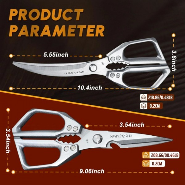 Kitchen Scissors Set Silver - Stainless Steel Kitchen Shear, Sharp Meat Scissors Dishwasher Safe, Heavy Duty Poultry Shears, Japanese Cooking Scissor for Food, Chicken Bones, and Turkey