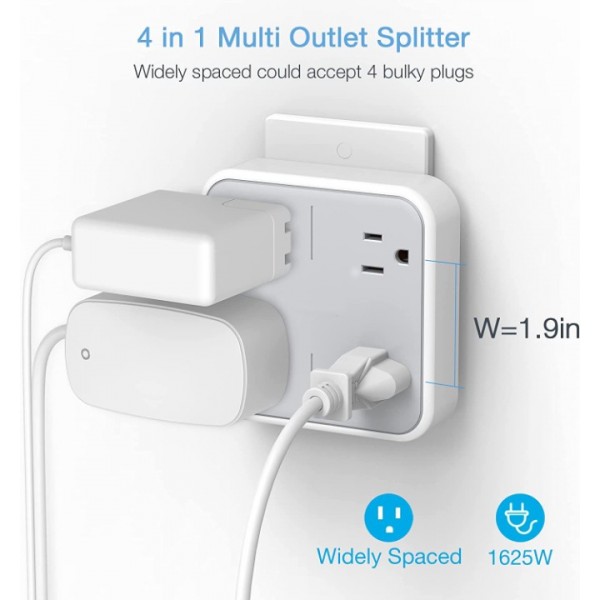 Multi Plug Outlet Splitter,  Widely Spaced Outlet Extender with 4 Electrical Outlets, Multiple Outlet Wall Plug Expander Surge Protector for Home, Office, Dorm Essentials