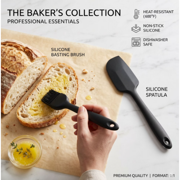 Silicone Spatula Set, 6 Pieces Food Grade Kitchen Utensils with Silicone Brush Heat Resistant BPA-free Rubber Spatula for Scraping, Baking, Cooking, Mixing Dishwasher Safe(Black)