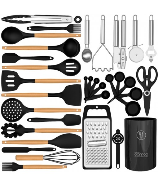 35 Silicone Cooking Utensils Set - 446°F Heat Resistant Silicone Kitchen Utensils for Cooking, Kitchen Utensil Spatula Set w Wooden Handles and Holder, BPA FREE Gadgets for Non-Stick Cookware (Black)