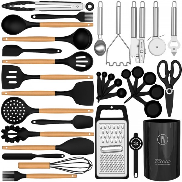 35 Silicone Cooking Utensils Set - 446°F Heat Resistant Silicone Kitchen Utensils for Cooking, Kitchen Utensil Spatula Set w Wooden Handles and Holder, BPA FREE Gadgets for Non-Stick Cookware (Black)