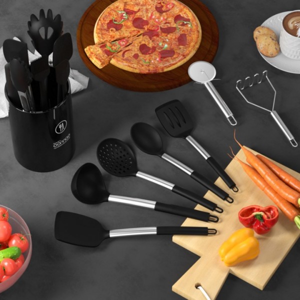 Silicone Cooking Utensils Set - Heat Resistant Silicone Kitchen Utensils for Cooking, Kitchen Utensil Spatula Set w Holder,BPA FREE Kitchen Gadgets Tools for Non-Stick Cookware Dishwasher Safe (Black)