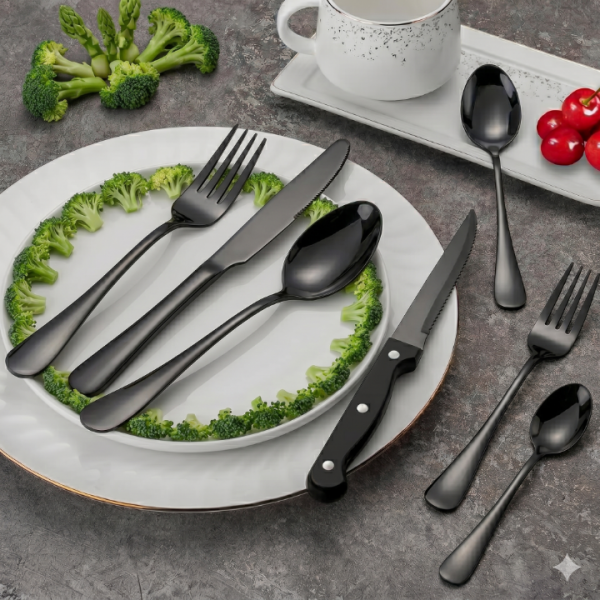 Black Silverware Set with Steak Knives, 24-Piece Flatware Set Service for 4, Thickened Stainless Steel Spoons and Forks Set, Upgraded Rust-Resistant Coating, Dishwasher Safe Cutlery Set for Gifts