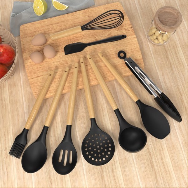 Silicone Cooking Utensils Set - 446°F Heat Resistant Silicone Kitchen Utensils for Cooking,Kitchen Utensil Spatula Set w Wooden Handles and Holder, BPA FREE Gadgets for Non-Stick Cookware (Black)