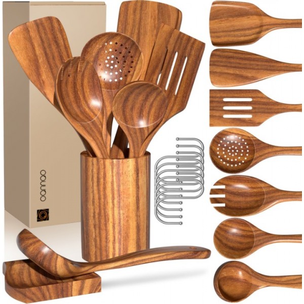 9-Piece Wooden Kitchen Utensils Set for Cooking – Teak Wood Tools with Holder, Spoon Rest, Hooks, Heat Resistant for Nonstick Cookware