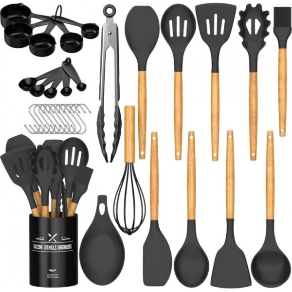 Kitchen Cooking Utensils Set, 33 pcs Non-stick Silicone Cooking Kitchen Utensils Spatula Set with Holder, Wooden Handle Silicone Kitchen Gadgets Utensil Set (Black)
