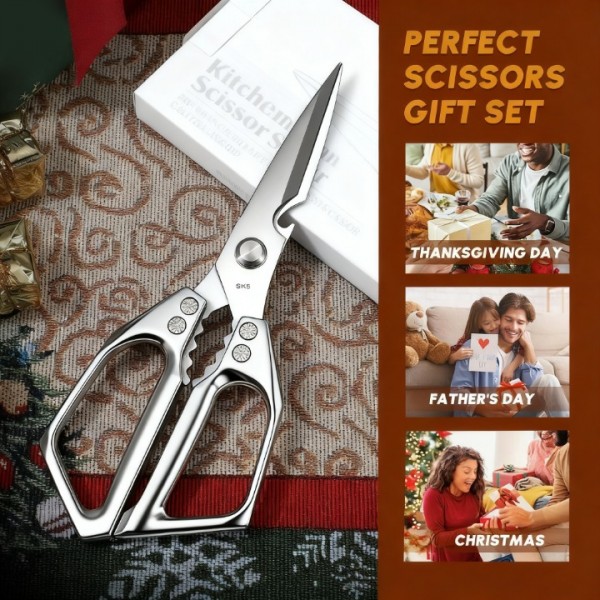 All-Purpose Kitchen Scissors – Heavy Duty Stainless Steel Shears for Meat, Chicken, Turkey, Bones, Herbs – Sharp, Dishwasher Safe, Detachable Cooking Scissors (Silver)