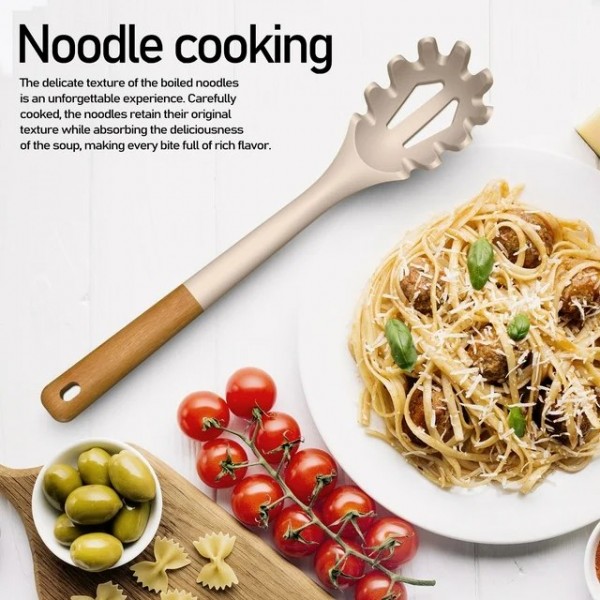 Large Silicone Cooking Utensils - Heat Resistant Kitchen Utensil Set with Wooden Handles, Spatula,Turner, Slotted Spoon, Pasta server, Kitchen Gadgets Tools Sets for Non-Stick Cookware (Khaki)