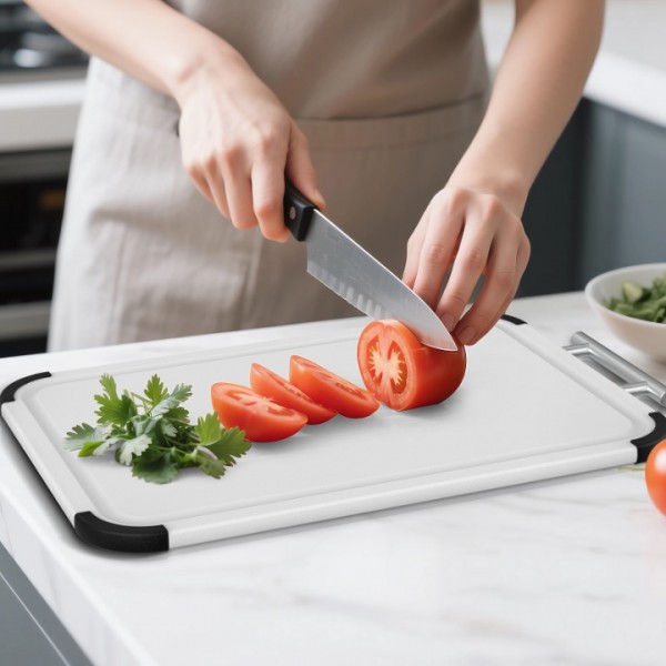 Cutting Boards for Kitchen with Stand – 3-Piece Plastic Cutting Board Set, Double-Sided Use, Large for Chopping Meat, Medium & Small for Vegetables, Fruits, Juice Grooves, Non-Slip Handles, BPA-FREE