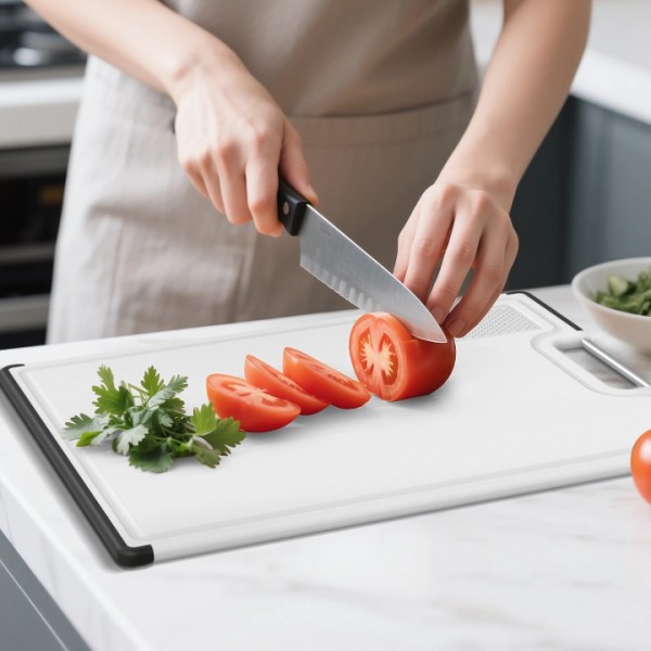 Cutting Boards for Kitchen with Stand – 3-Piece Double-Sided Plastic Cutting Board Set, Large for Chopping Meat, Medium & Small for Vegetables, Fruits, Juice Grooves, Non-Slip Handles, BPA-FREE